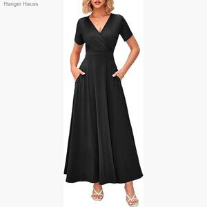 Maxi Dress with Pockets, V-Neck Wrap, Short Sleeves, Summer Casual